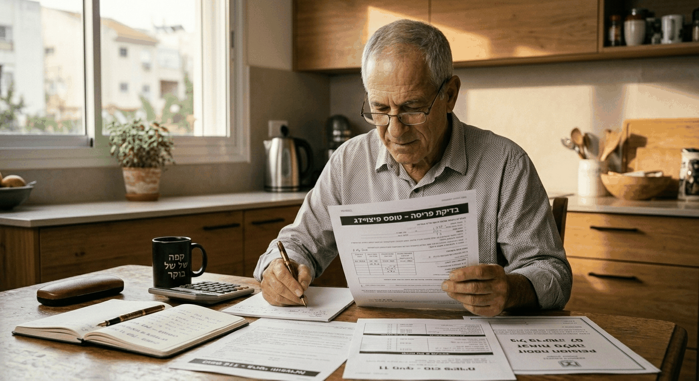גבר ואישה ישראלים בני 67 בוחנים מסמכי פיצויי פיטורים, טופס 161 וקצבה מזכה, ליד שולחן עץ במשרד יועצת מס מואר באור טבעי