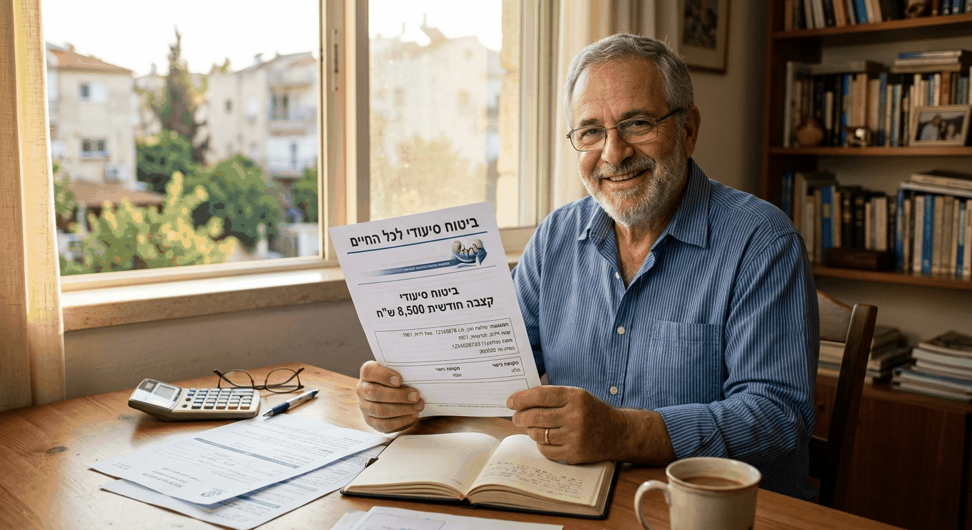 גבר ישראלי בן 60+ מחזיק בעיד פוליסת ביטוח סיעודי בביתו, מחייך בהקלה וביטחון פיננסי.