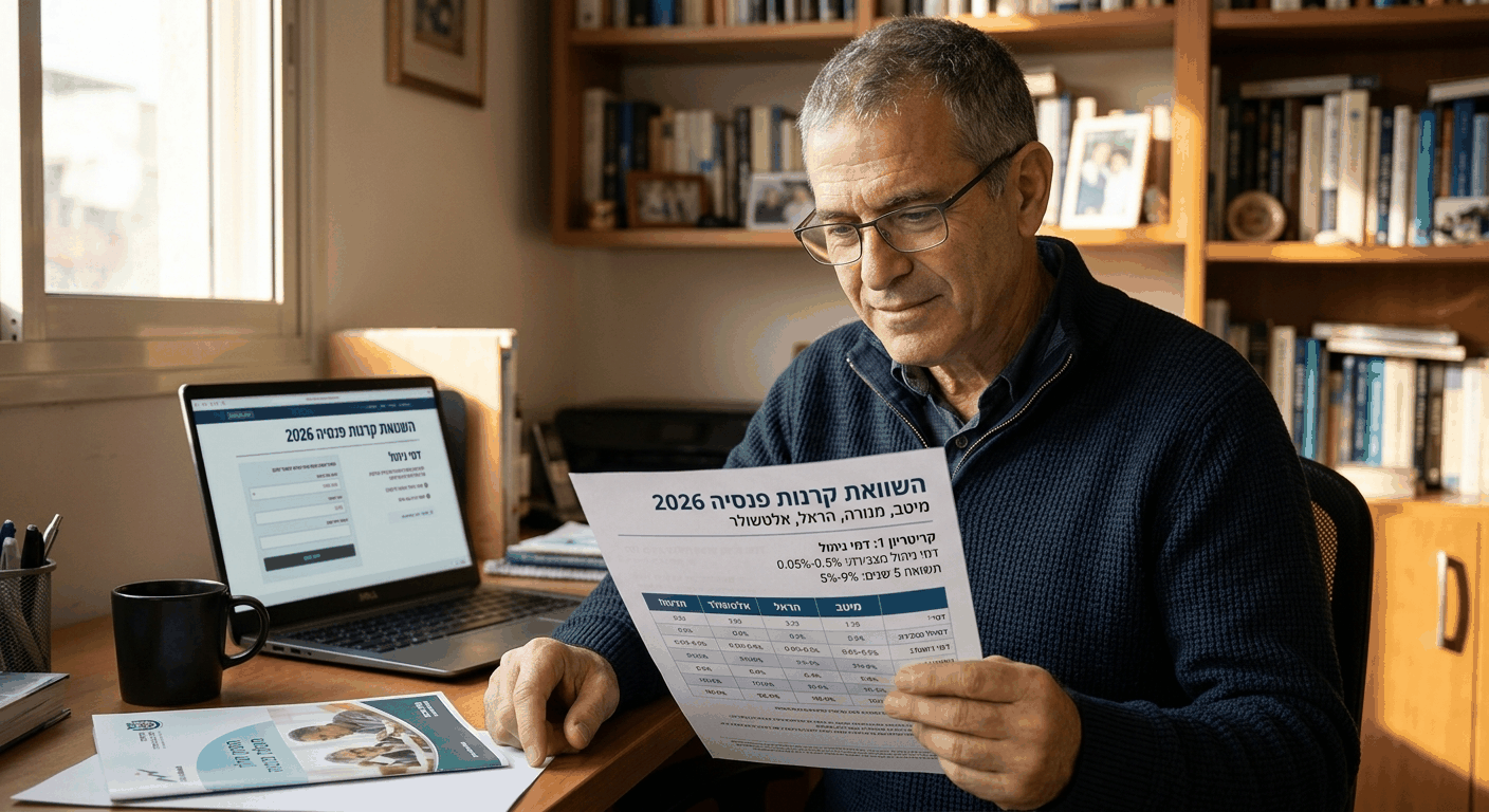 גבר ישראלי בוגר בן 50 משוקלל בעדינות בתרשים השוואת קרנות פנסיה מול מסך דיגיטלי המציג מידע על דמי ניהול וקרנות פנסיה