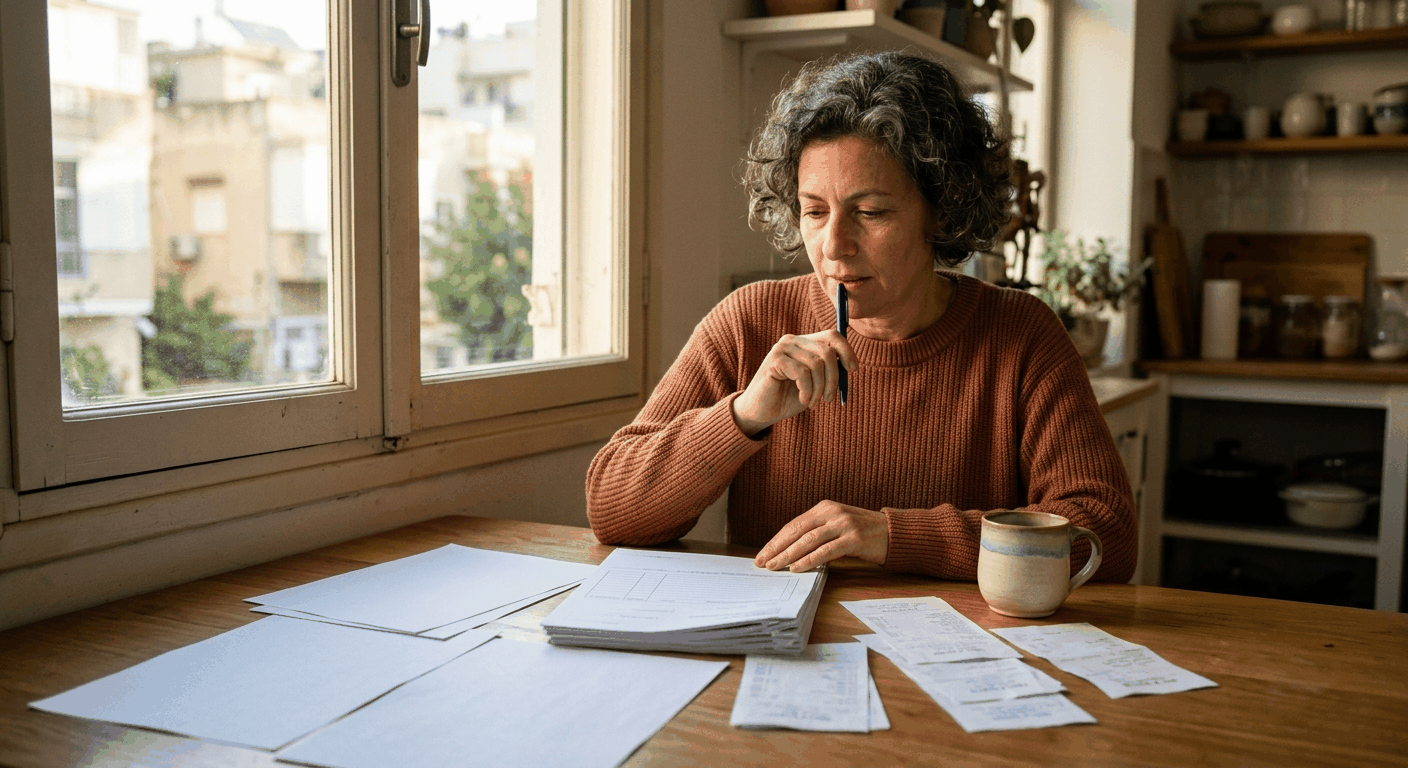 עוסקת פטור בישראל בודקת דוח שנתי וטפסים במטבחה בבוקר שמוד