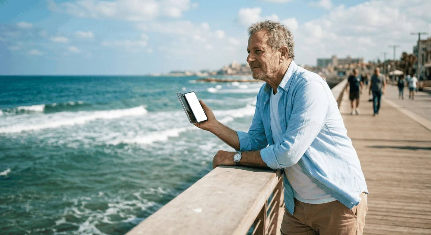פנסיונר בודק חישוב פנסיה על הטלפון בטיילת כחול-לבן, מסתכל לעתיד.