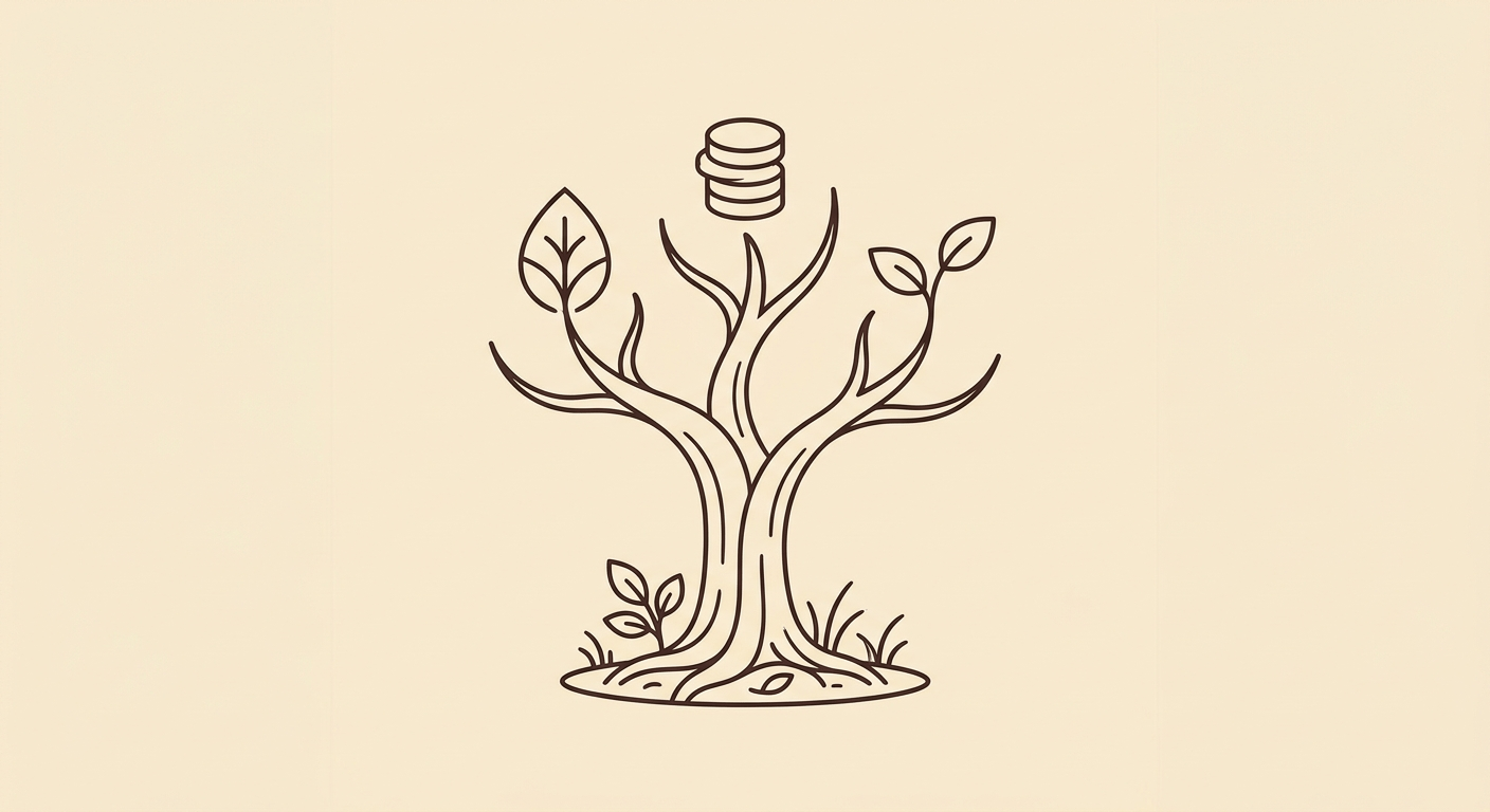 איור line-art מינימליסטי של עץ בשלוש ענפים המייצגים שלוש אפשרויות משיכת פנסיה על רקע קרם חם