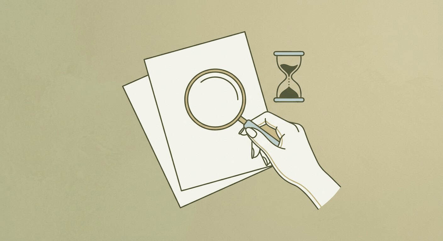 איור קו דק של יד בודקת מסמך מס דרך משקפת, מייצגת בדיקת החזר מס 2020 לפני דדליין 31 בדצמבר 2026.