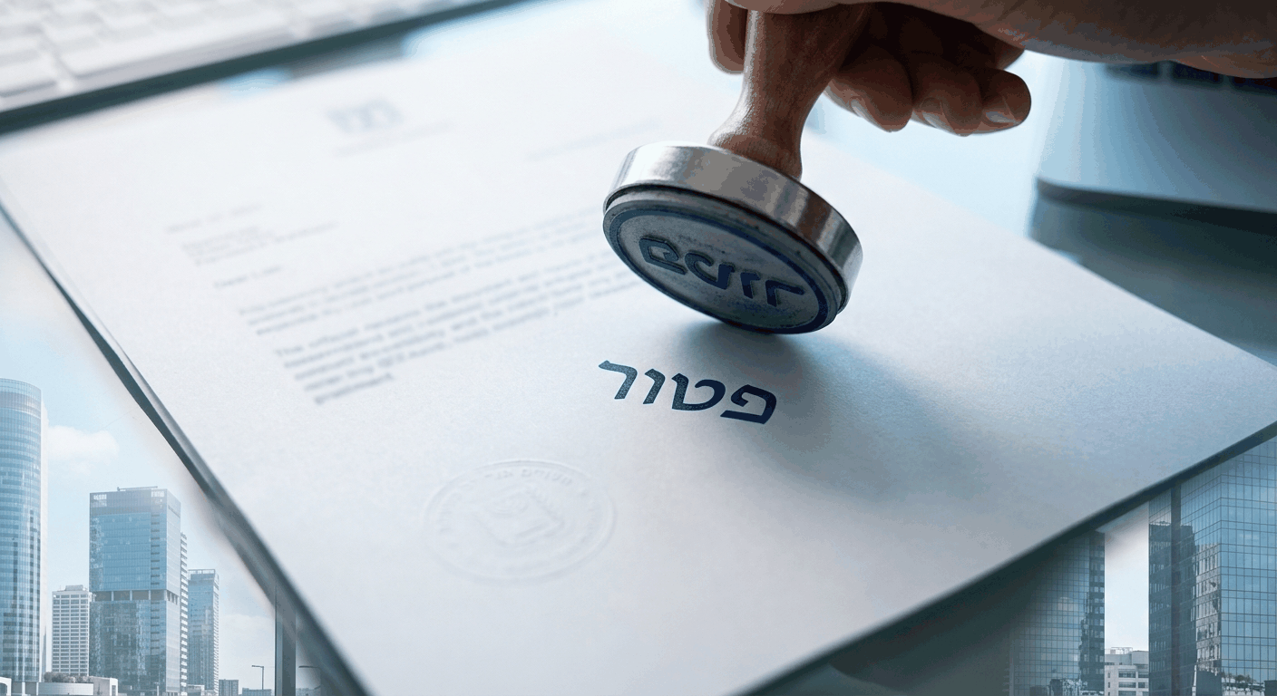 תקריב מאקרו של חותם גומי הודפס על מסמך פנסיה עברי עם כיתוב 'פטור ביטוח לאומי' בתאורת משרד מודרני.