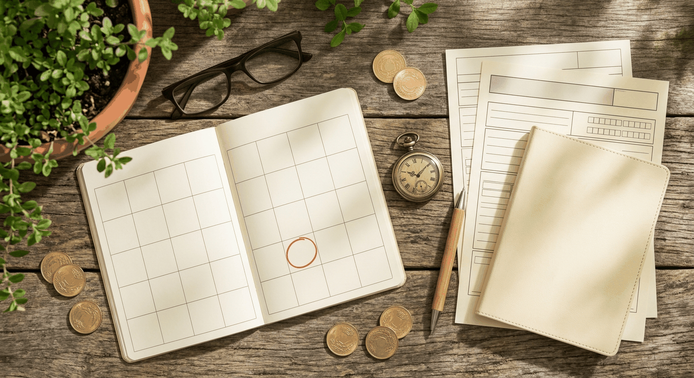 flat lay תיאורי של מסמכים וסמלים קיבוע זכויות: קלנדר בגיל 67, טופס פנסיה, שעון וממטבעות בגן שטוח