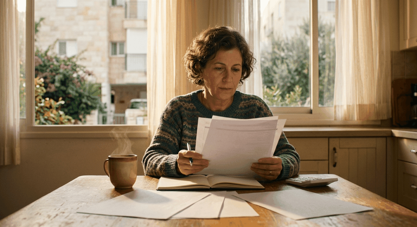ישראלית בודקת את דו"ח קרן הפנסיה שלה בשולחן מטבח בבוקר שמש, עם מסמכים וחשבוניות מונחים לפניה.