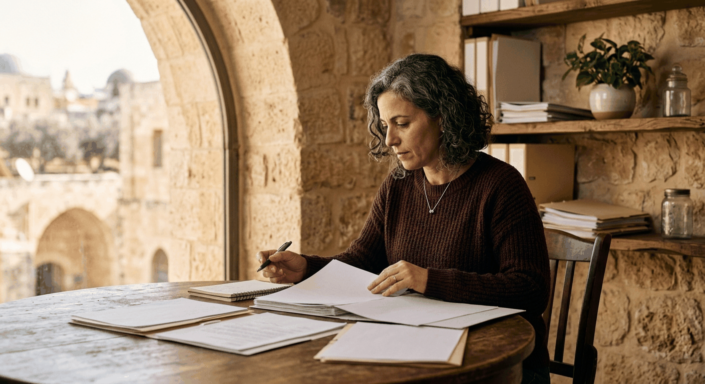 בעלת עסק ישראלית בוחנת מסמכי ביטוח לעסקים על שולחן עץ באור חלון ארכבי חם