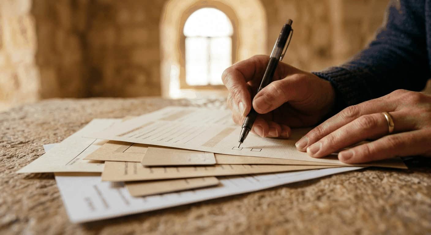 תקריב מאקרו של יד ישראלית בודקת פוליסות ביטוח עסקי על רקע אבן ירושלמית חמימה, מציג תהליך בחירה של כיסוי.