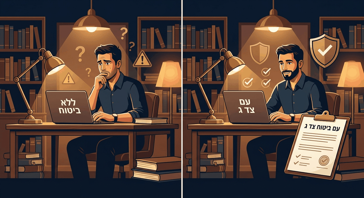 קומפוזיציית השוואה מחולקת המציגה גבר ישראלי בדירה: מצד שמאל חוסר בטחון, מימין הגנה מביטוח צד ג עם מסמך פוליסה וסימן ווי.