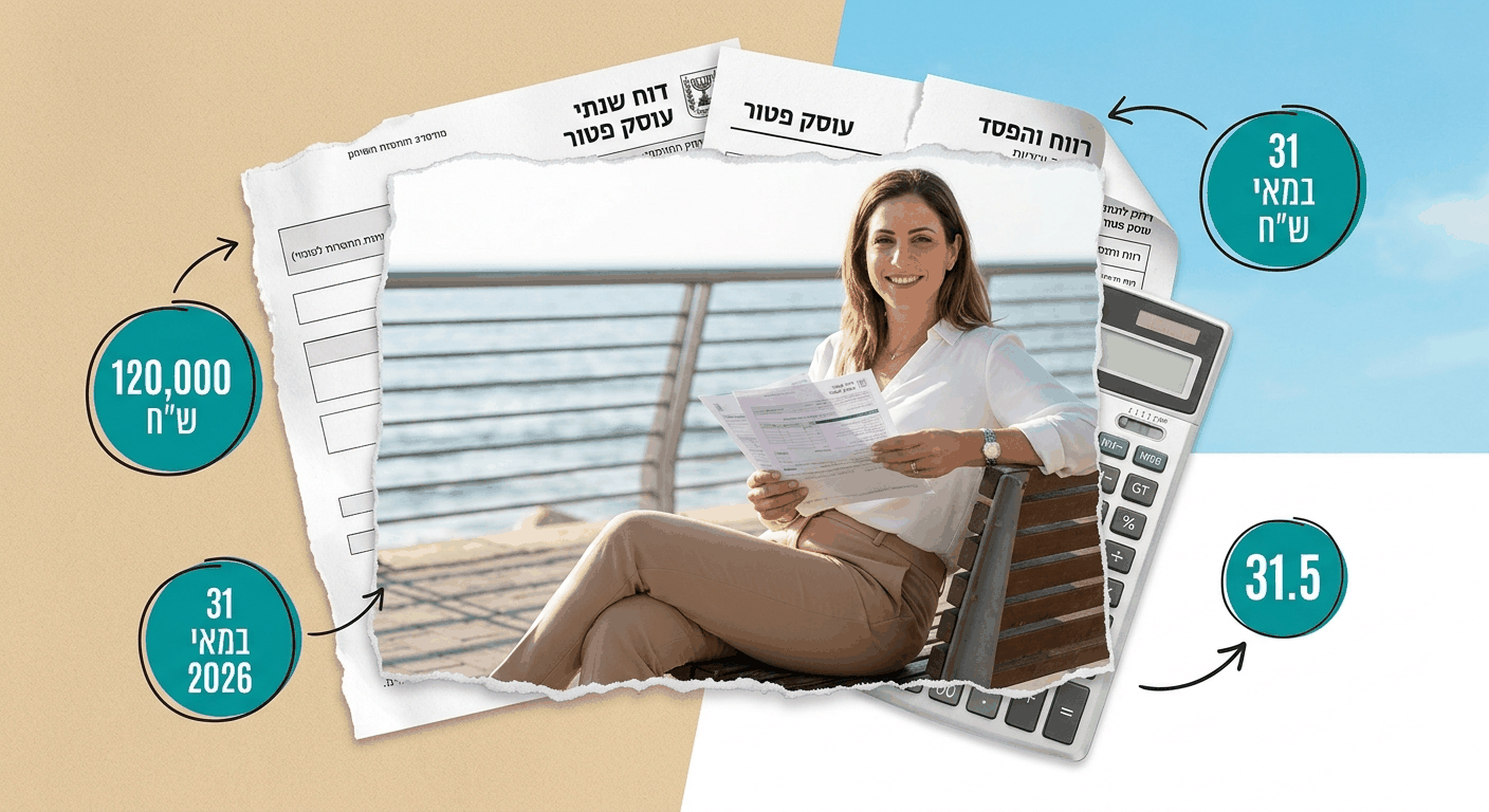 קולאז עיתונאי של עוסקת פטור על טיילת עם דוחות מס, מספרים בולטים וטקסטים עבריים המתארים חובות דוח שנתי