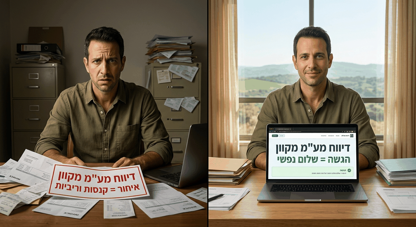 השוואה חזותית: עוסק ישראלי מעל שולחן במשרד כפרי לפני ואחרי הגשת דיווח מע"מ מקוון, מוצג בחצאי מסך מנוגדים
