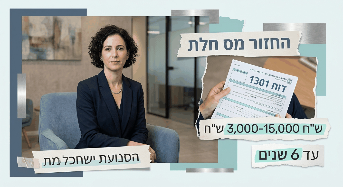 נשה בחדר ייעוץ פיננסי מוצגת עם טופס החזר מס חלת בקולאז' עיתונאי עם מספרים וקצוות קרועים, מייצגת החזר מס.