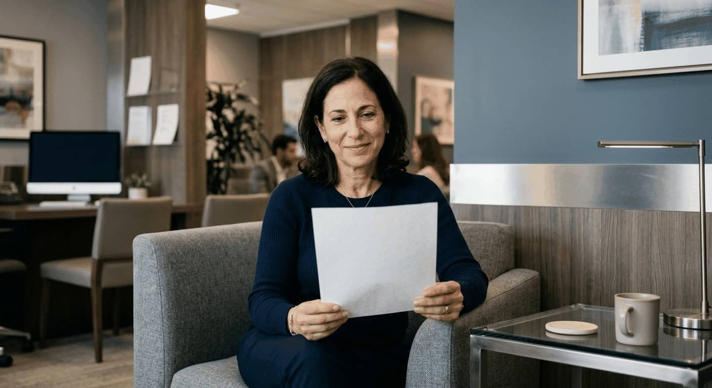ישראלית בפינת יעוץ פיננסי מעיינת בעותק של ביטוח תאונות אישיות, ביטחון שקט על פניה