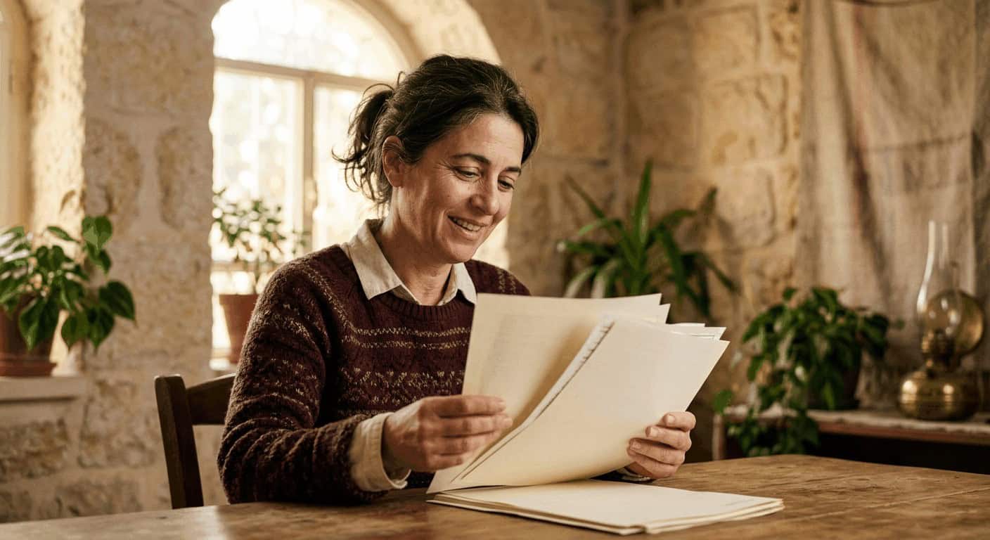 אישה ישראלית חוזרת מחו״ל עם מסמכי מס בחזרה לישראל במטבח בעיר העתיקה בירושלים