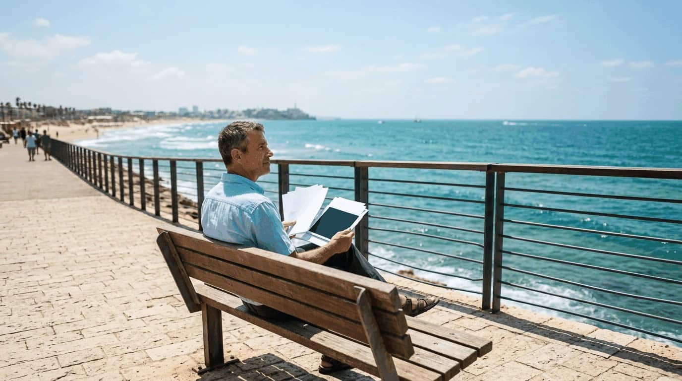 ישראלי בוגר יושב על ספסל בטיילת הים עם מסמכים פיננסיים, מחפש החזר מס בריאות