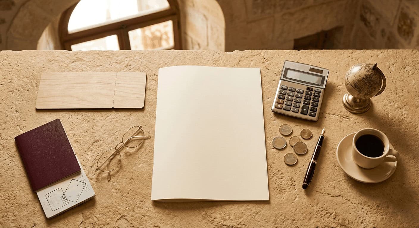 סידור still-life של מסמכי ביטוח נסיעות, דרכון, מטבעות וכלים על משטח אבן ירושלמי חם.