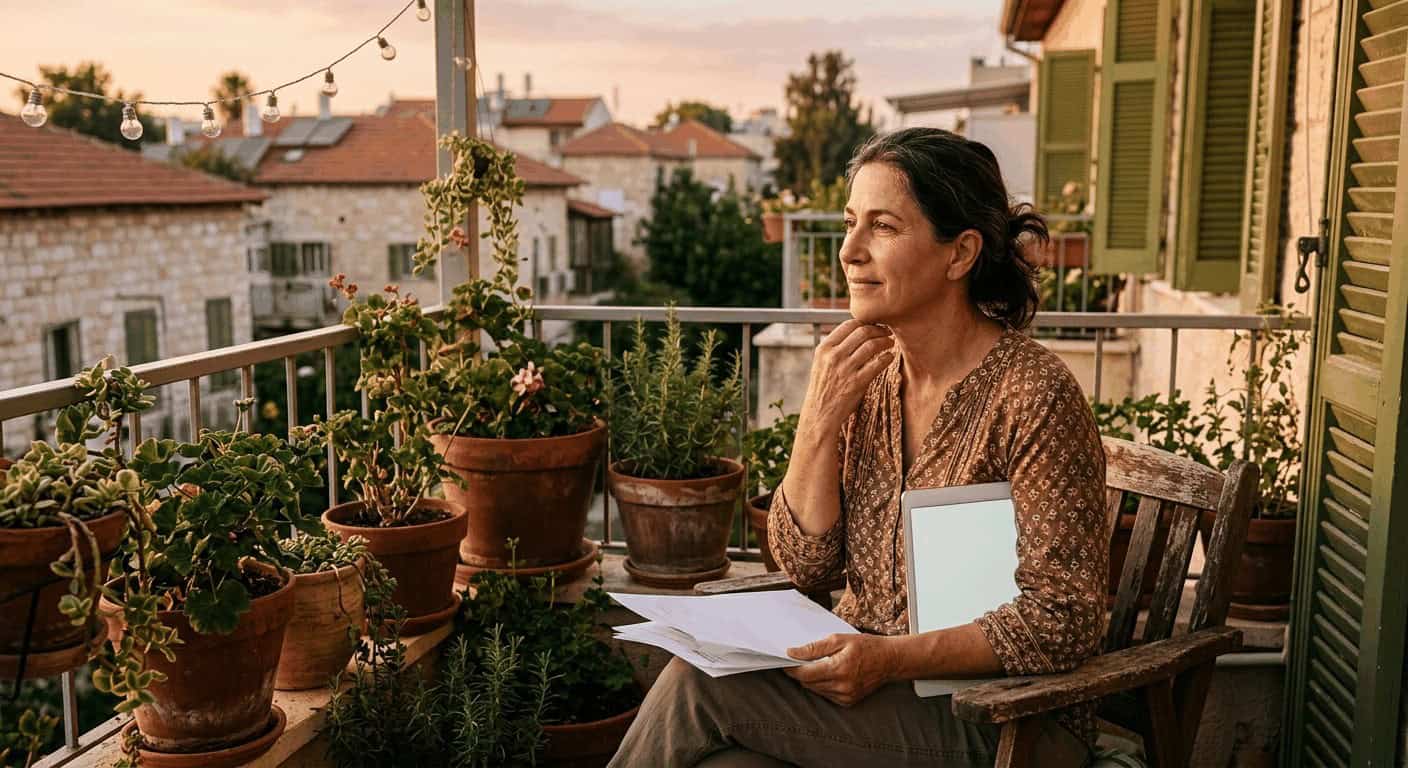 אם ישראלית על מרפסת בשעת הזהב, מוקפת תמלילי מס, מבטת בתאווה על החזרי מס להורים לילדים עם צרכים מיוחדים