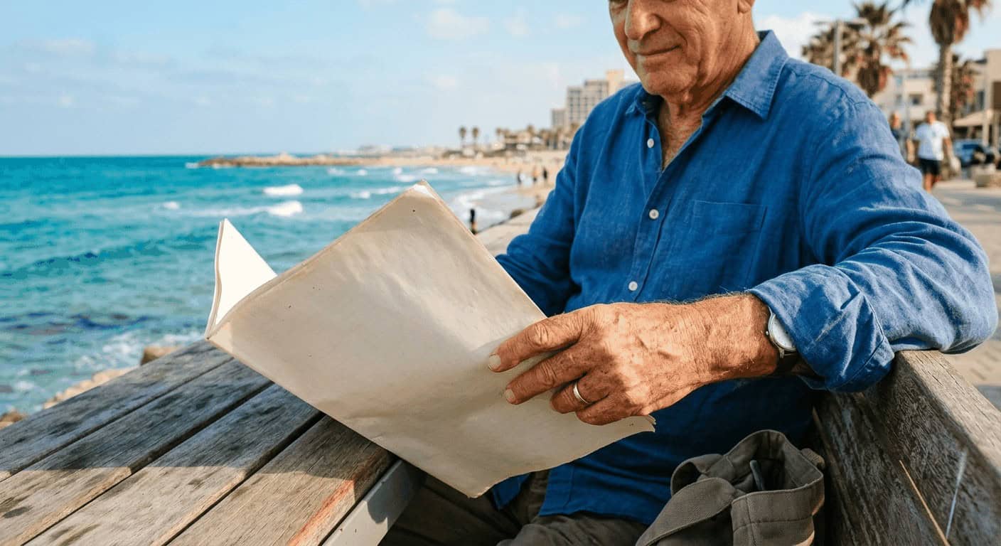 ידיים של משקיע ישראלי מחזיקות דוח הפסדים בטיילת הים בשמש צהריים, תיעוד של החזרי מס מהפסדים בשוק ההון