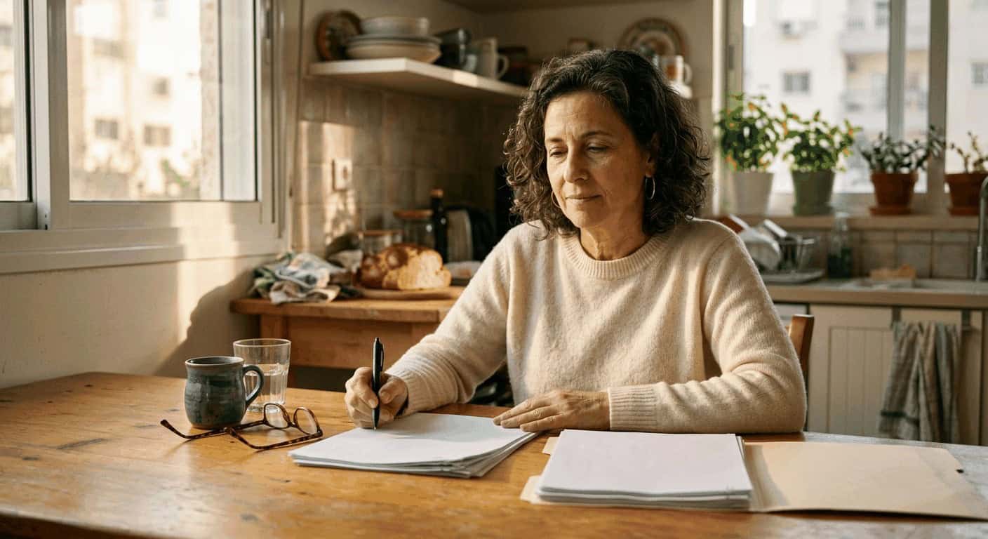 אישה ישראלית בוחנת פוליסת ביטוח חיים בשולחן מטבח במאור בוקר חם, מסמל החזר מס ביטוח חיים