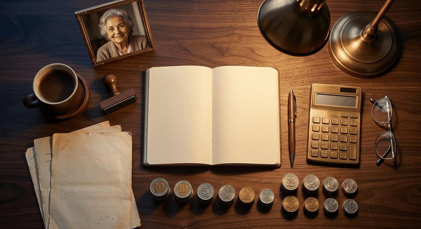 סידור still-life מלמעלה של שולחן עבודה פנסיוני עם מסמכים, מחשבון פליז, משקפיים וכסף לתכנון אנונה
