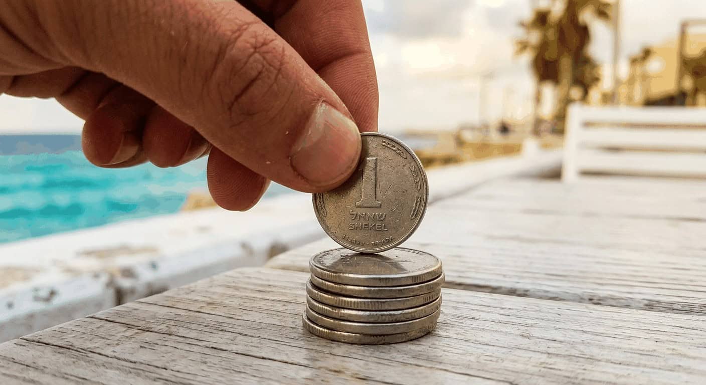 תקריב מאקרו של מטבעות שקל מוערמות בדיוק על טיילת ים תיכוני, מסמל תכנון פרישה לעצמאים