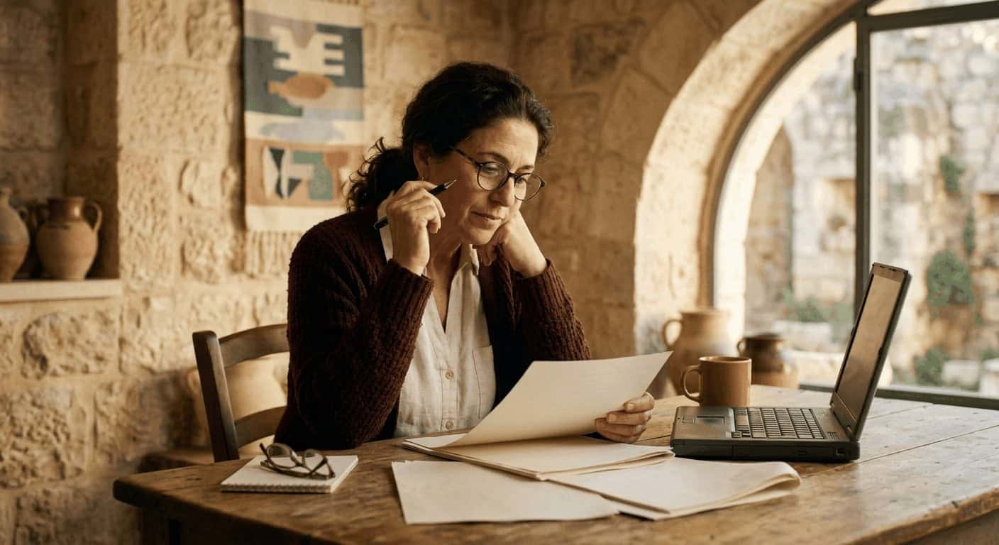 אישה ישראלית בוגרת בוחנת טפסי מס על שולחן עץ בחדר בעלי קירות אבן ירושלמית, מייצגת תיאום מס ותכנון פיננסי בעיניים מרוכזות.
