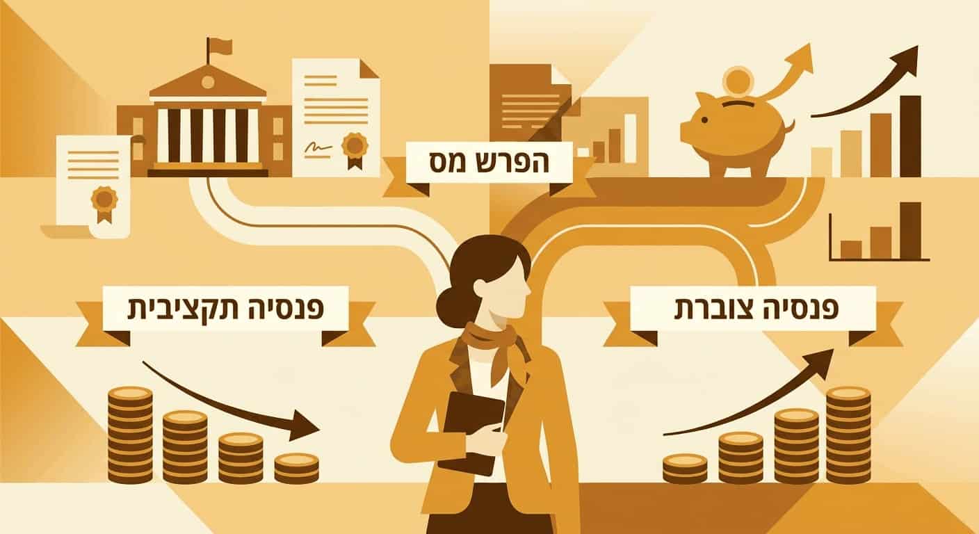 איור וקטור מודרני המשווה בין שתי סוגי פנסיה למורים: תקציבית וצוברת, בעיצוב פיננסי מקצועי.