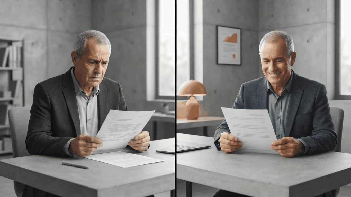 תמונת השוואה מפוצלת: יהודי ישראלי מבטוח בגיל פרישה בדילול בלי פוליסה לעומת אחרי בחירת ביטוח סיעודי נכון