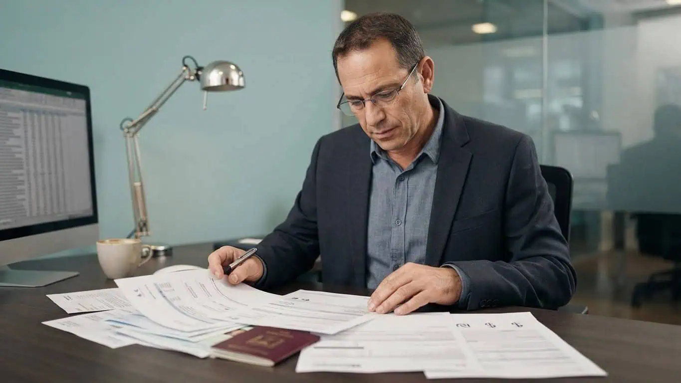 גבר ישראלי מבוגר בוחן דוחות מסוי הכנסות חוץ ישראל ומסמכים בנקאיים זרים במשרד ייעוץ