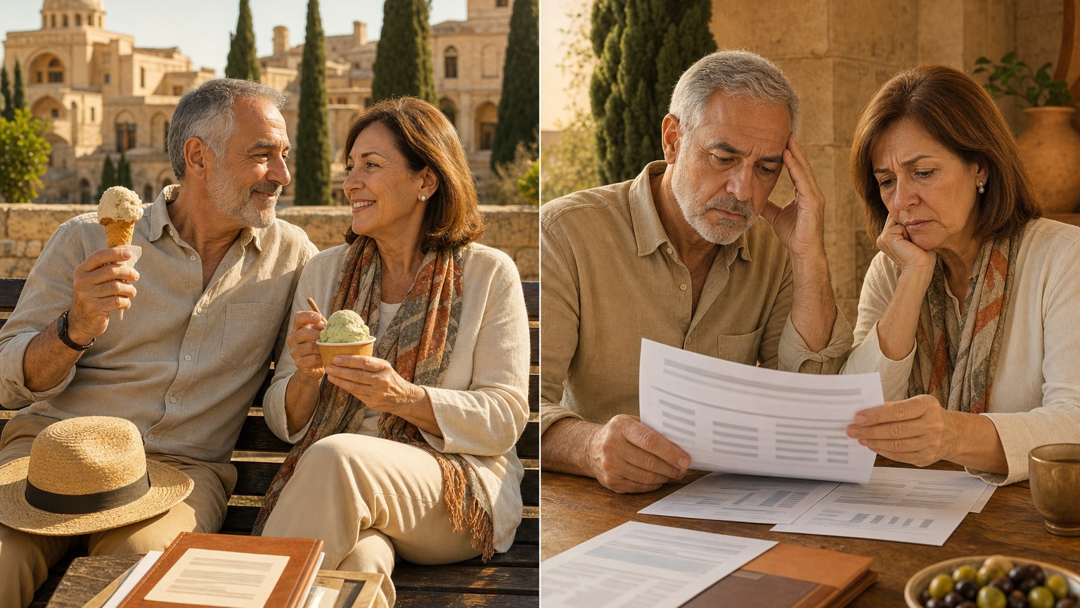 קומפוזיציית השוואה בין זוג ישראלי רגוע לפני היוון וחוששים אחריה, עם השפעה על קצבת השאירים.